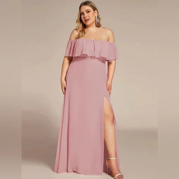 NWT - Plus Size Pink Off the Shoulder Formal Dress with Thigh Split - Picture 3 of 8